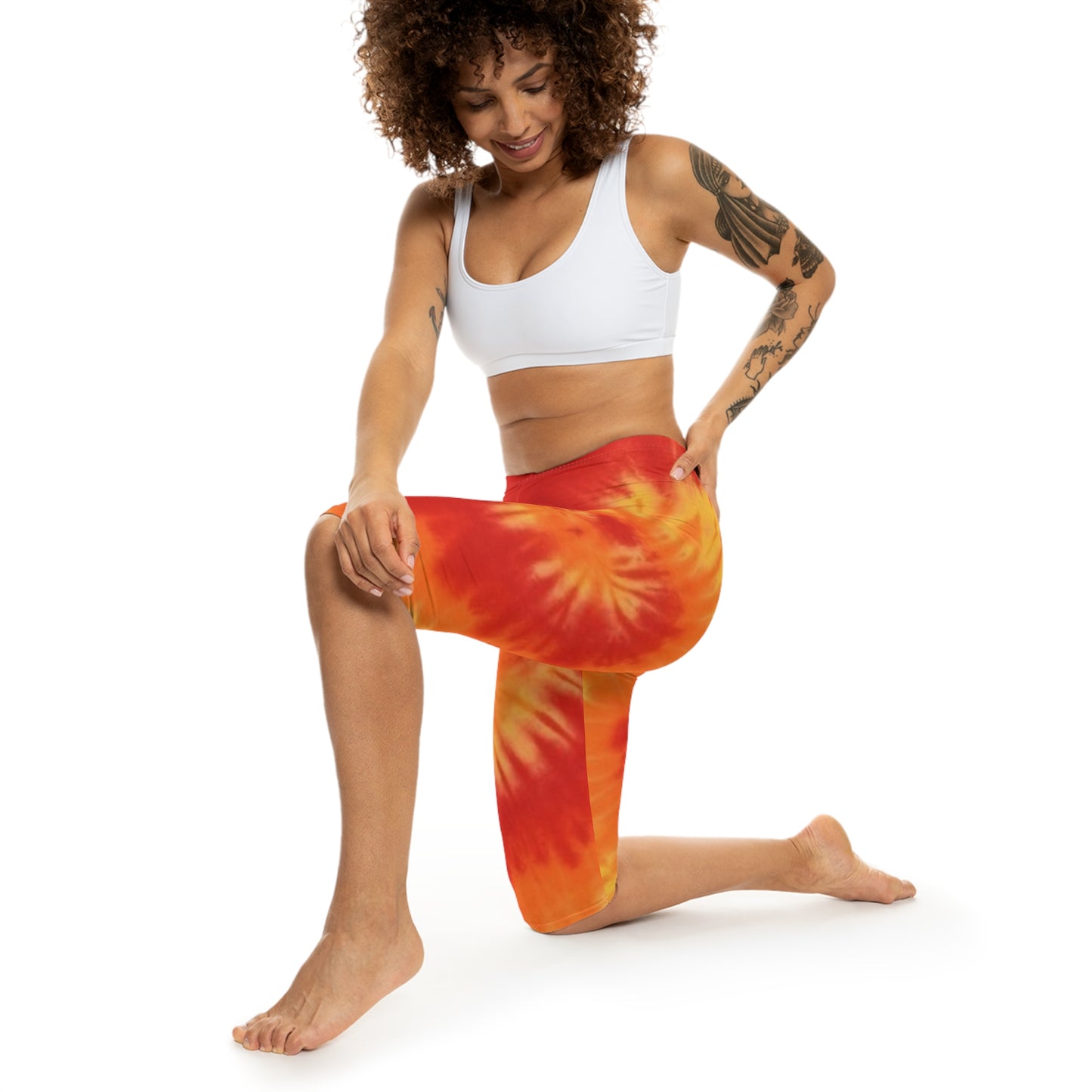 sun sunshine sunflower flame flams fire women woman girl girls tie-dye tye-die tye-dye tie-die tie die tye dye legging capris capri workout shorts pants spandex yoga colorful running
